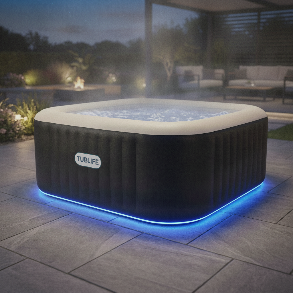 TUBLIFE Smart Hot Tub glowing blue on a stone patio at dusk
