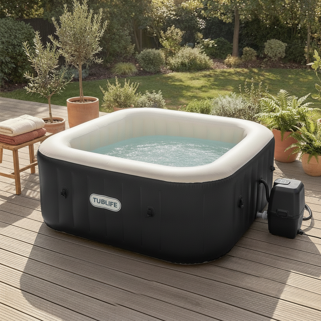 TUBLIFE Smart Hot Tub set up on a wooden backyard deck