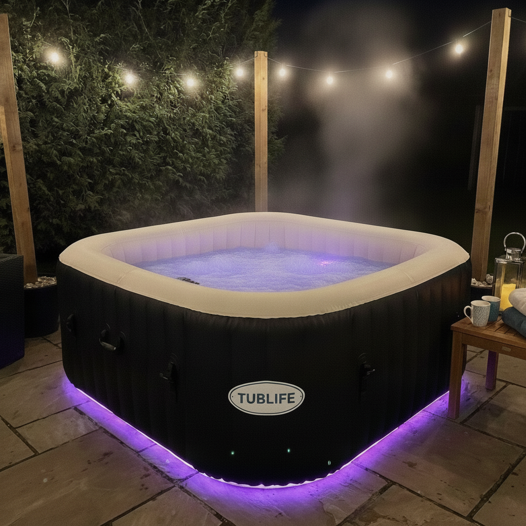 TUBLIFE Smart Hot Tub with violet glow ring under string lights at night